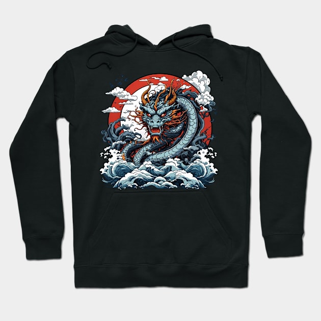 Dragon against the backdrop of a setting sun bathed in ocean waves Hoodie by T-Shirt Paradise